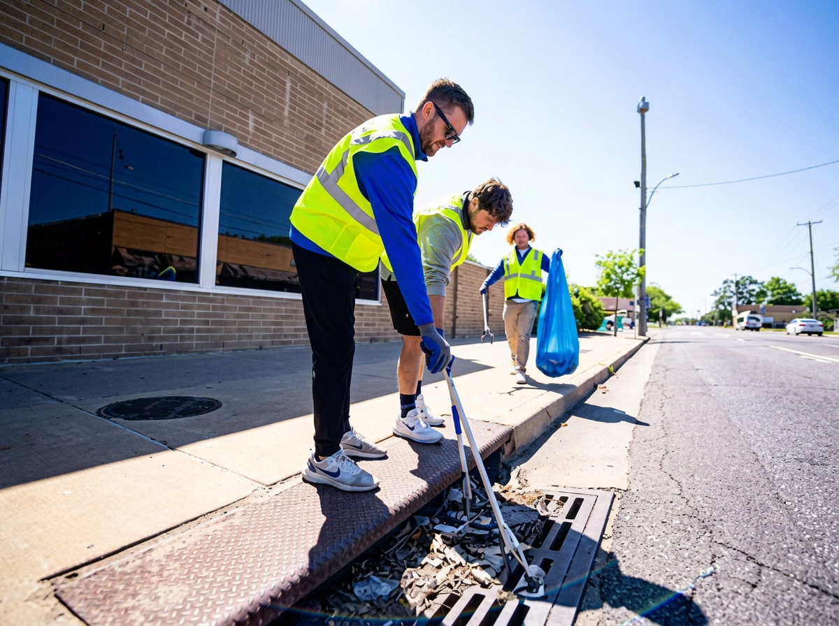 Green Team volunteers in safety vests cleaning litter from a storm drain