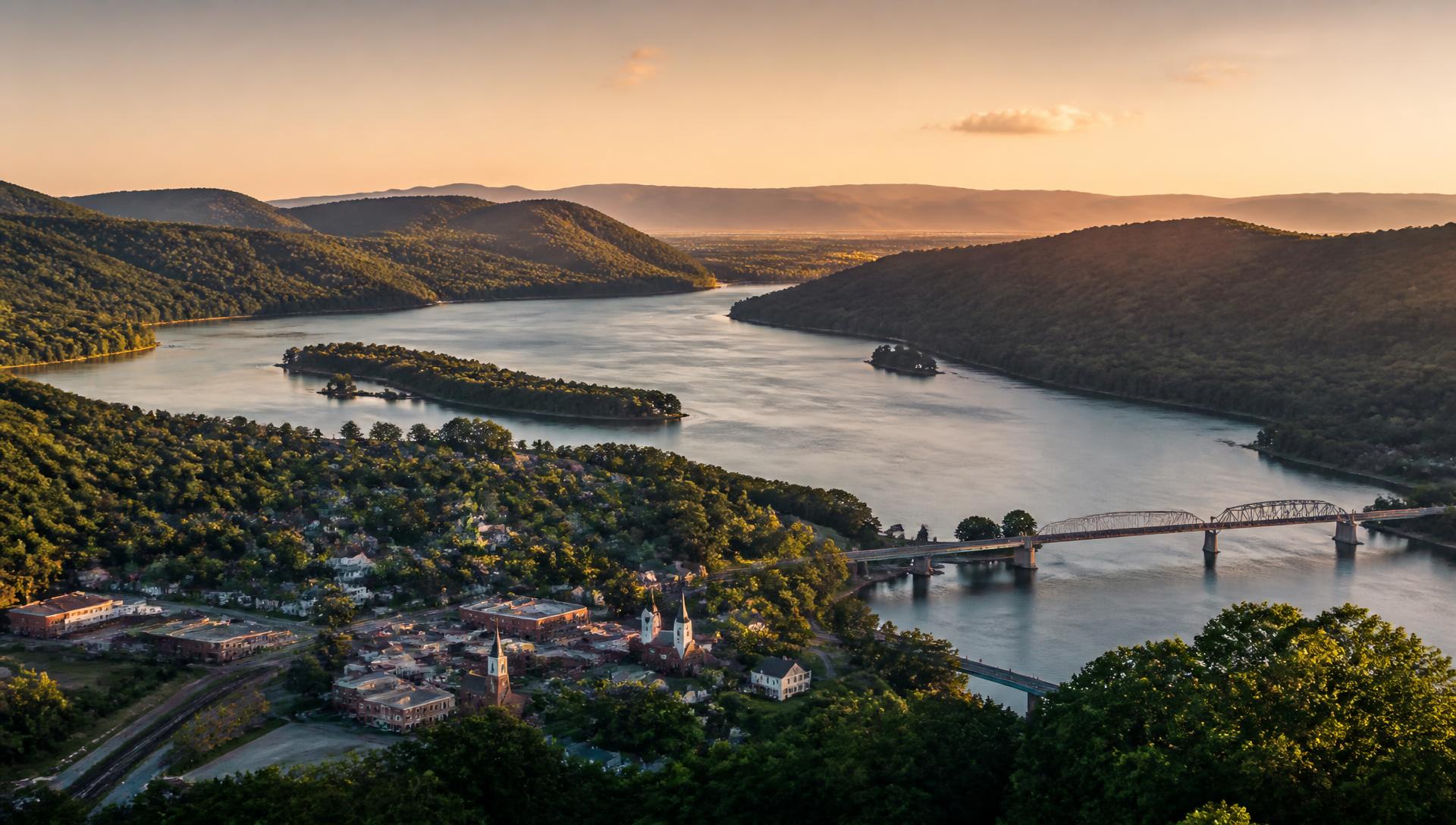 Aerial view of Roane County, Tennessee at golden hour with the Tennessee River winding past forested ridges