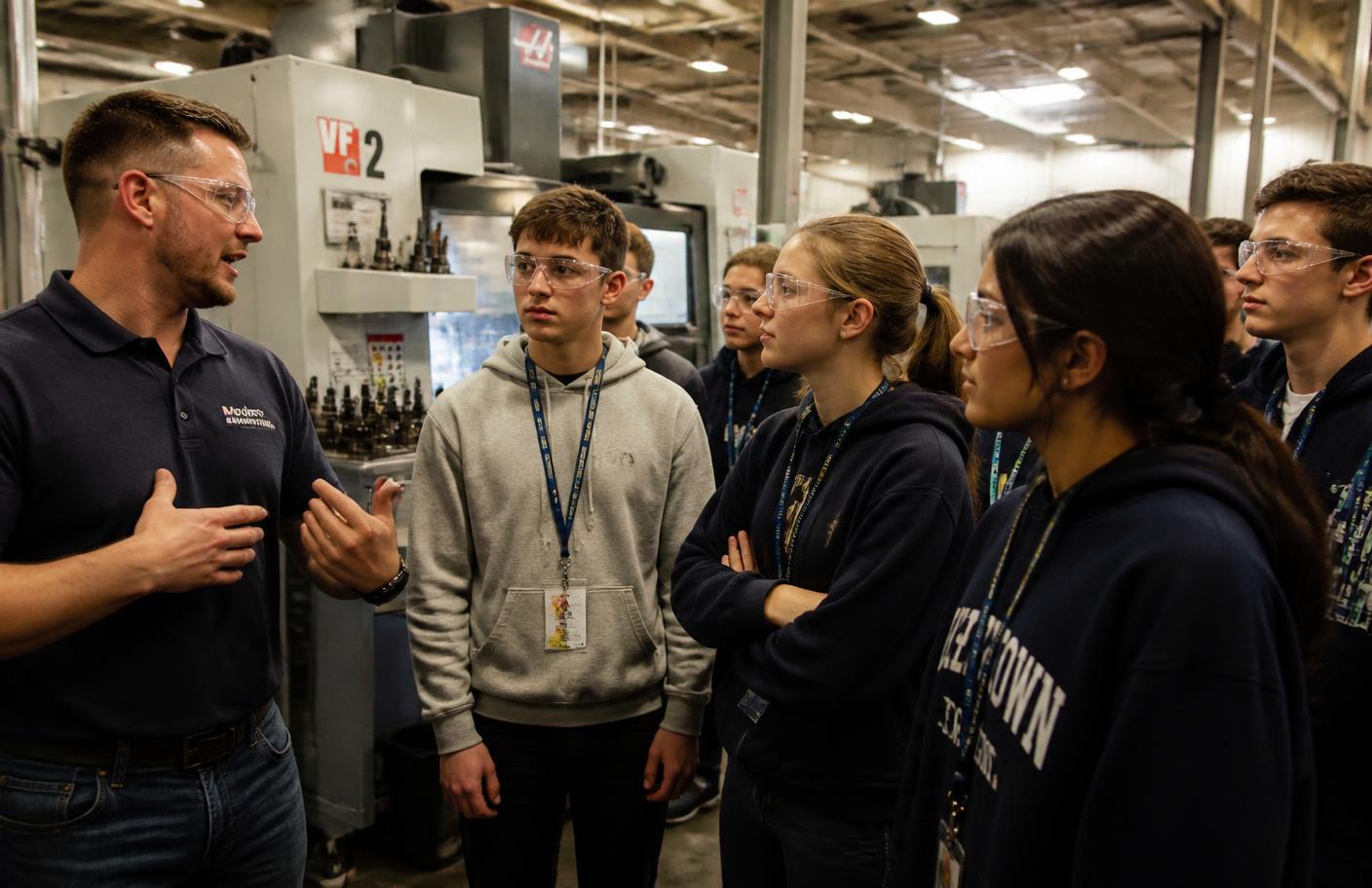 Students touring a Roane County manufacturing floor with an instructor