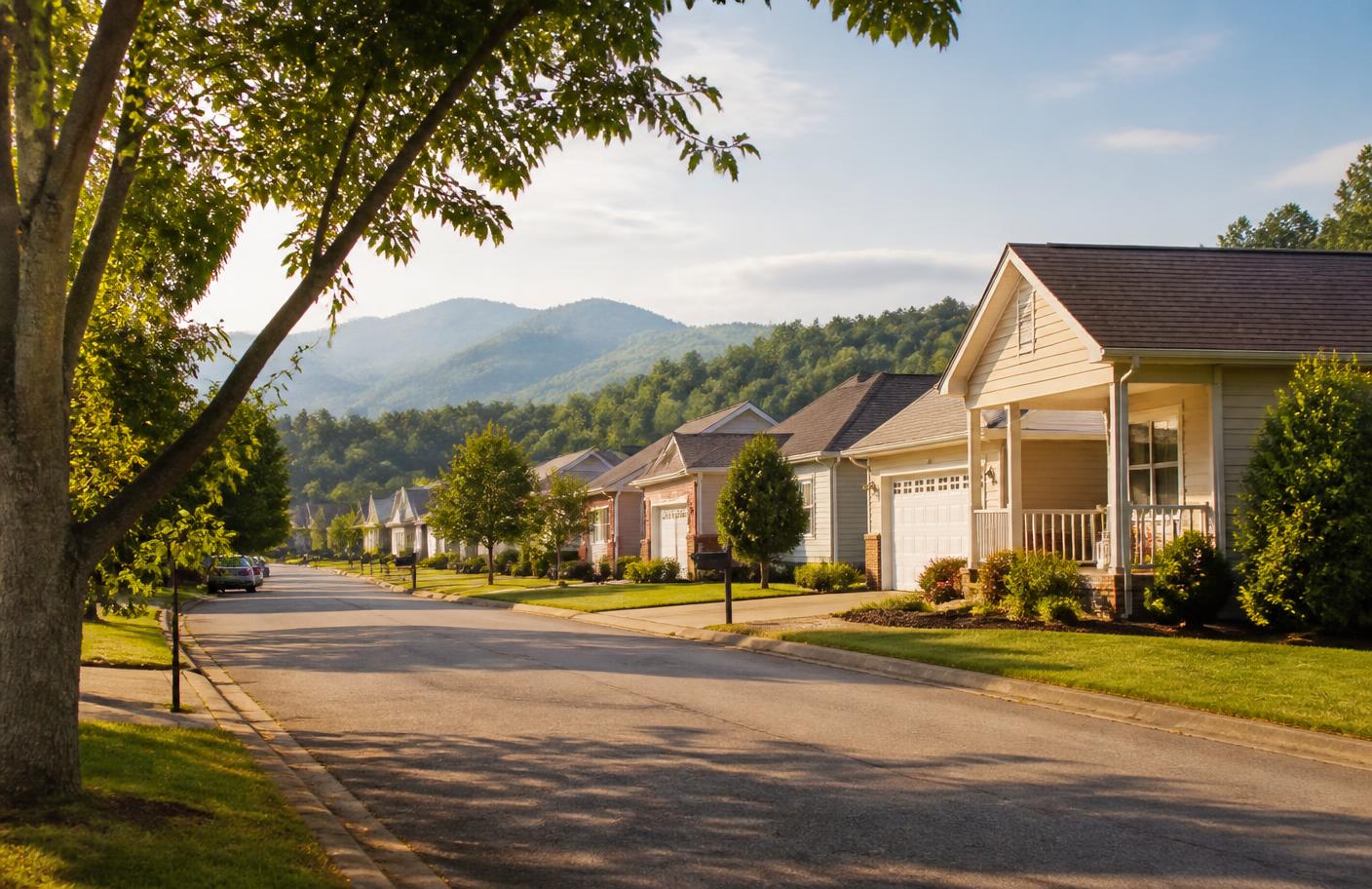 Tree-lined residential street in Roane County with mountains in the distance