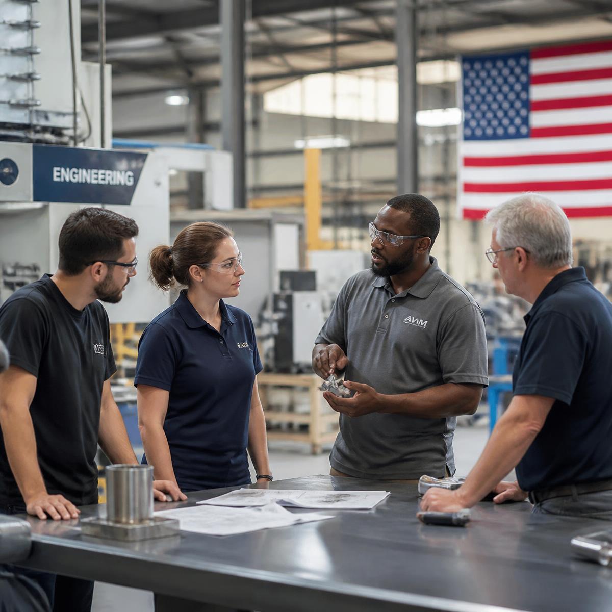 Engineers and skilled workers reviewing a part on a manufacturing floor