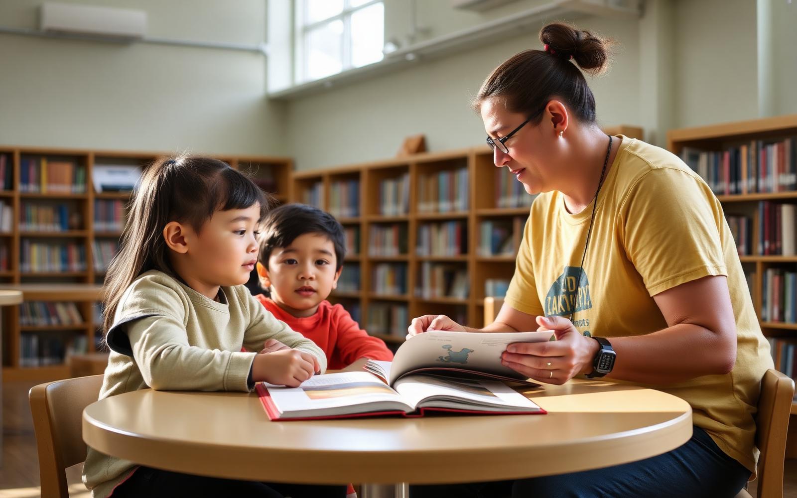 A volunteer tutor reading with young students in a school library