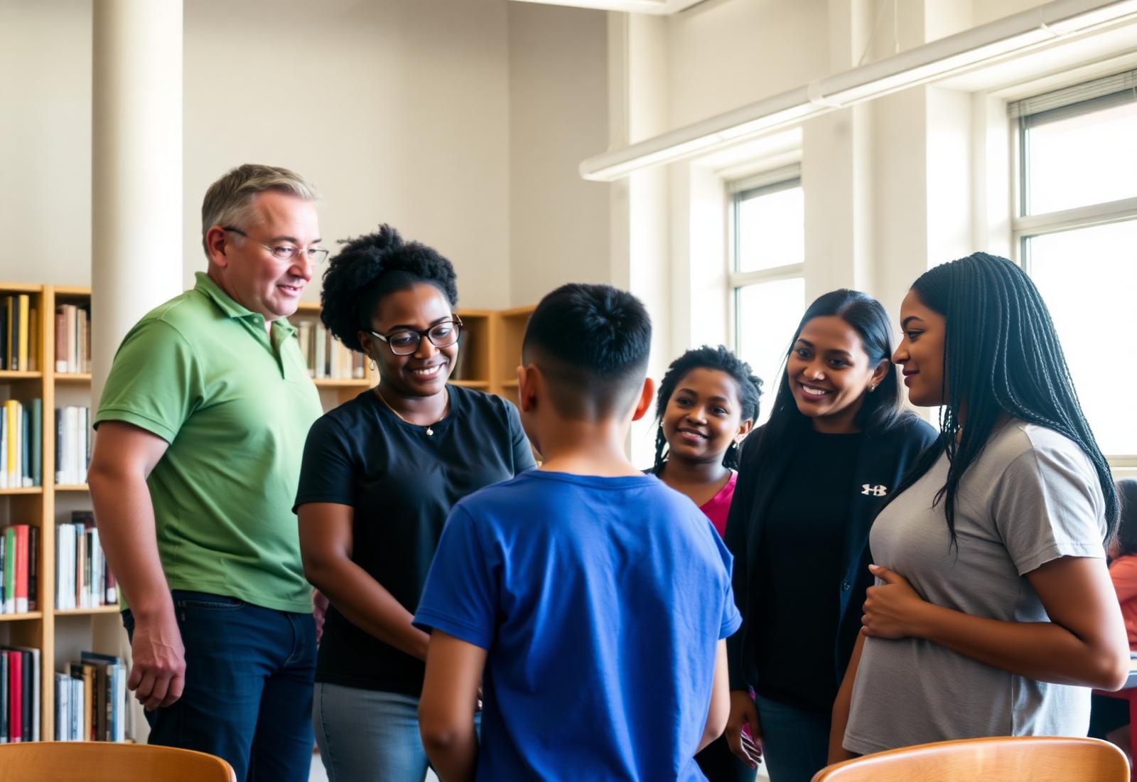 Volunteers and teachers mentoring Roane County students in a school library