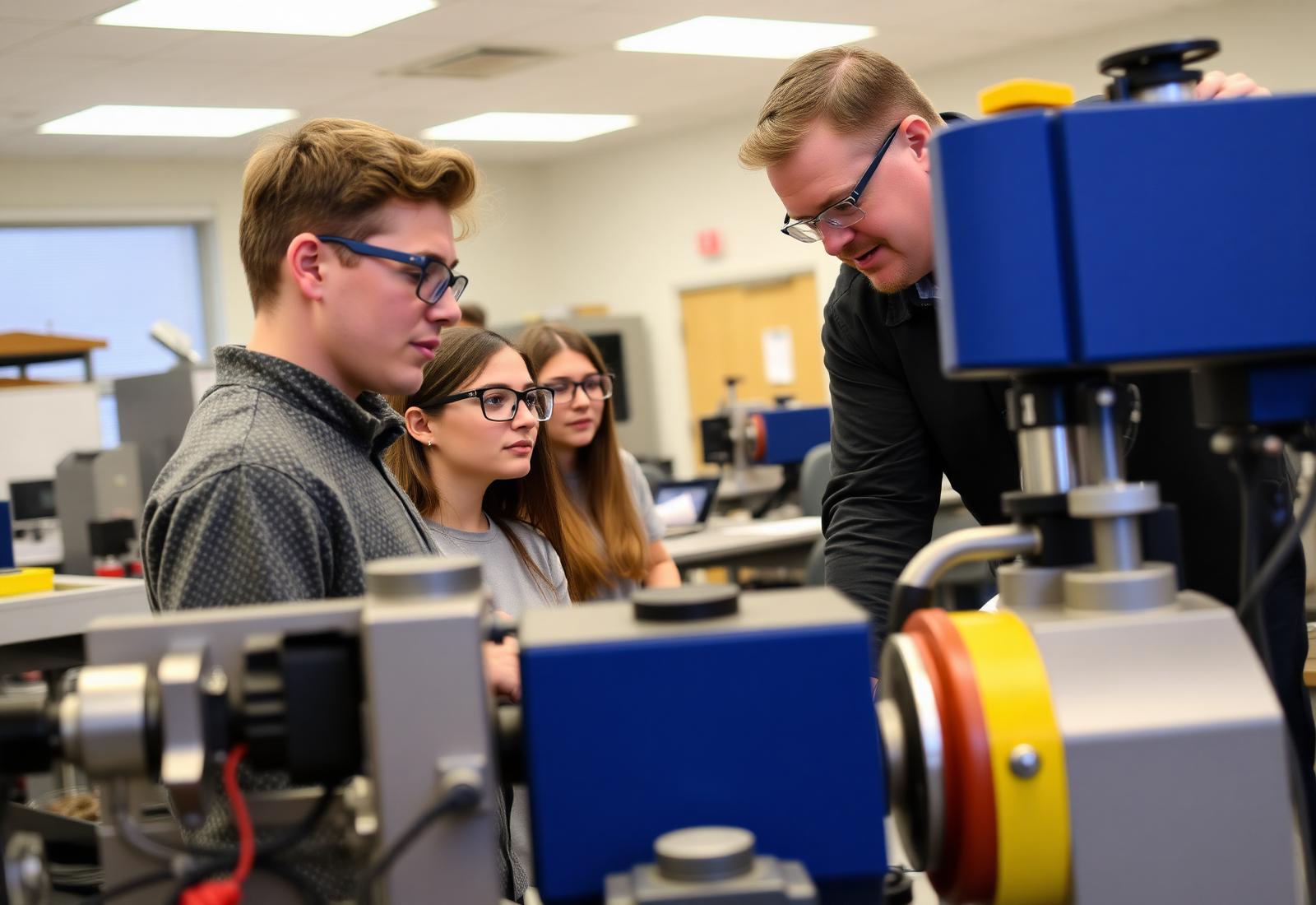 Students working with an instructor in a technical training lab at a community college
