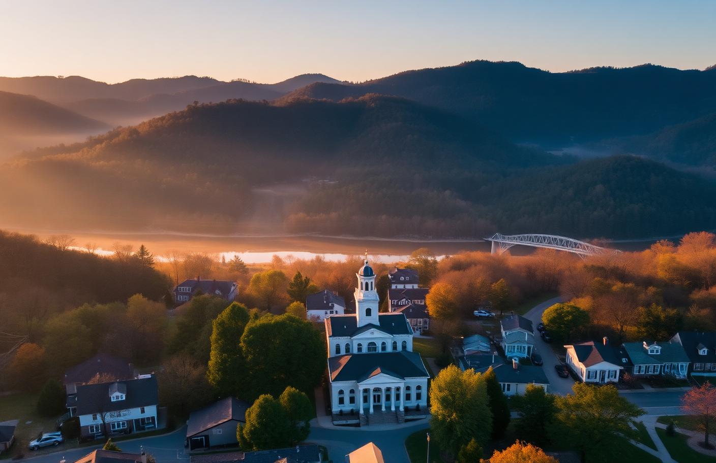 Aerial view of a Roane County river valley town with mountains in the distance at sunrise