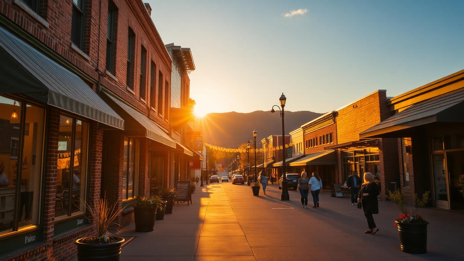 Golden-hour view down a historic small-town main street in East Tennessee