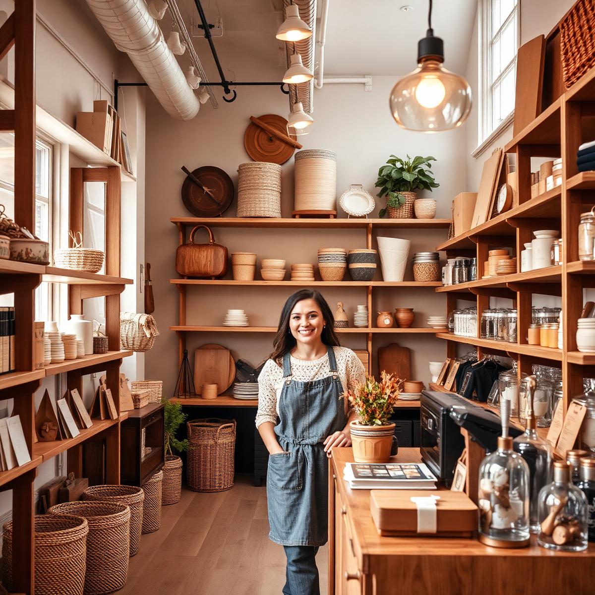 Owner of an independent boutique standing among shelves of handmade goods