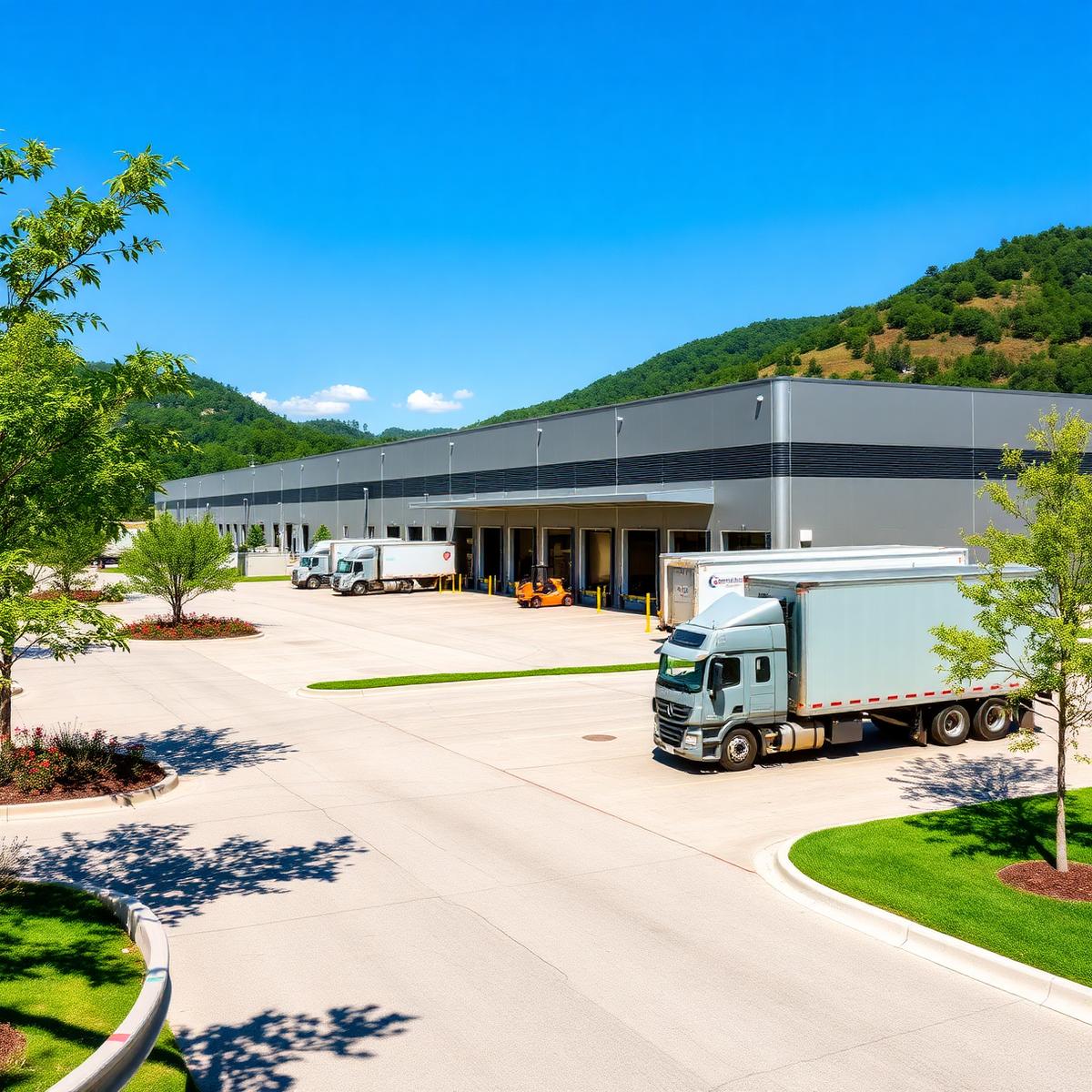 Modern industrial facility with loading docks and trucks in Roane County