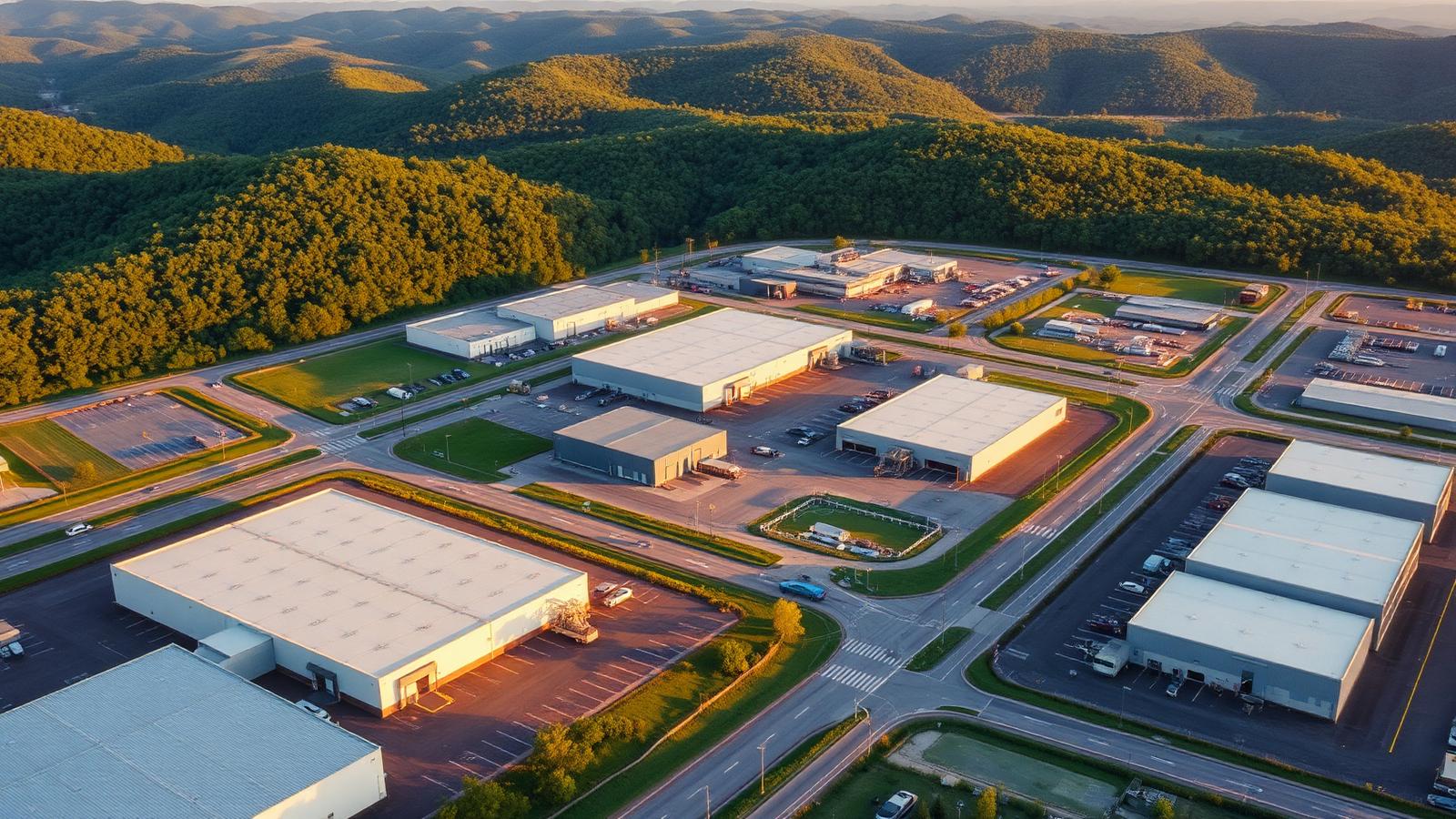Aerial view of an industrial business park in Roane County at golden hour
