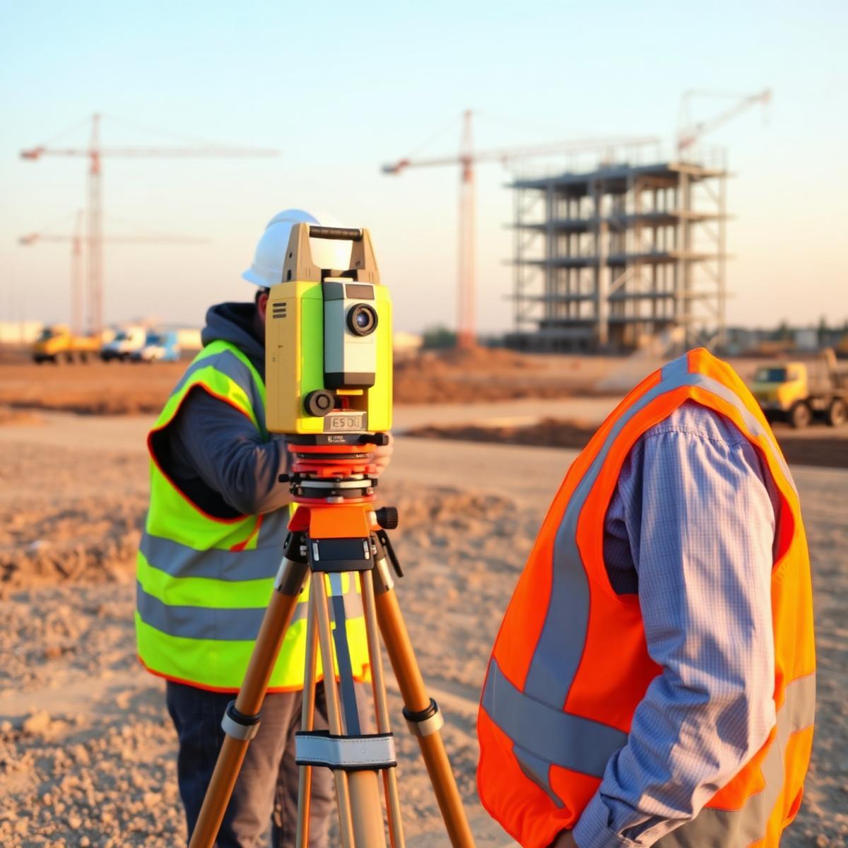 Land surveyor with a total station on a cleared development site