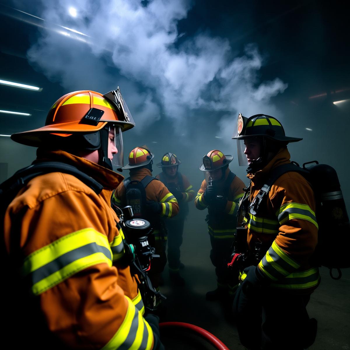 Firefighters in full turnout gear practicing search and rescue in a training scenario