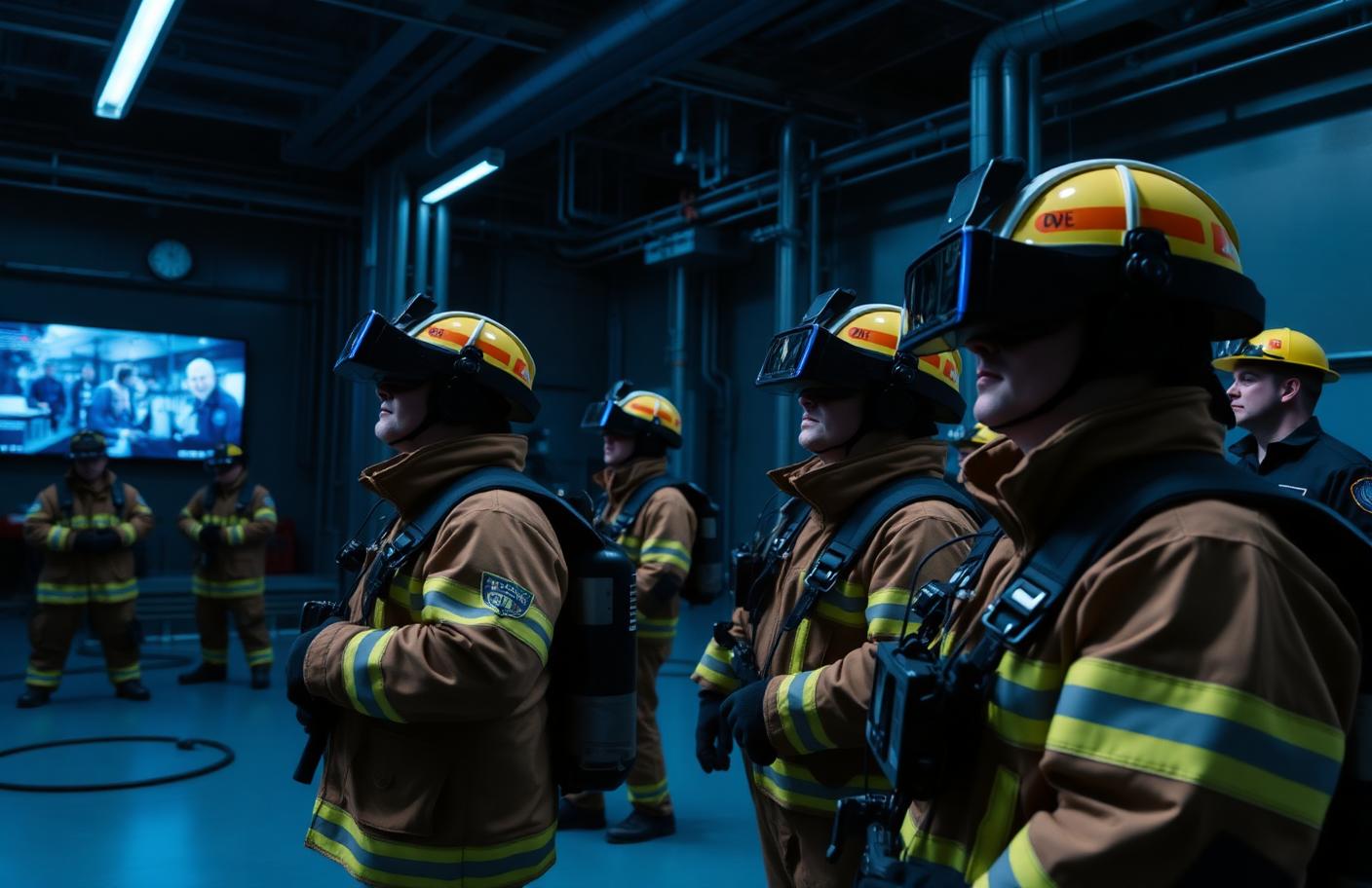 Trainees using augmented and virtual reality headsets inside the ERTF training bay