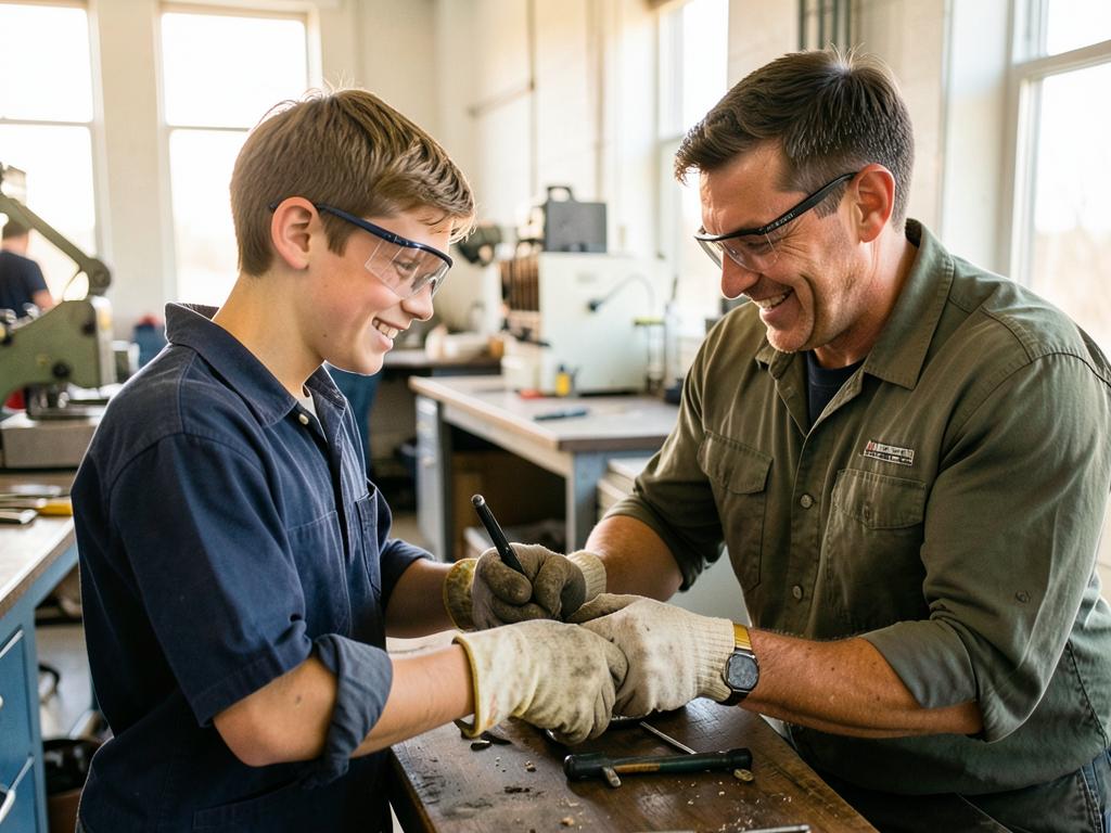 A mentor guiding a young apprentice through hands-on skilled trade training in a workshop